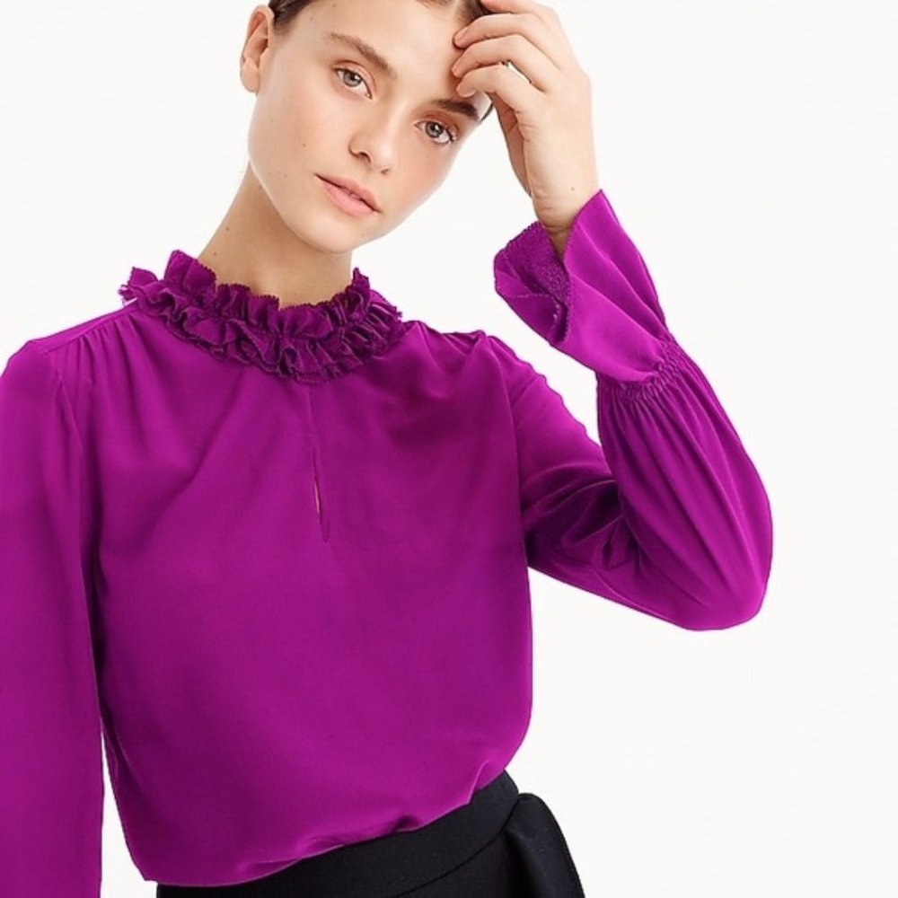 J Crew Ruffle Neck Silk Top Size 6